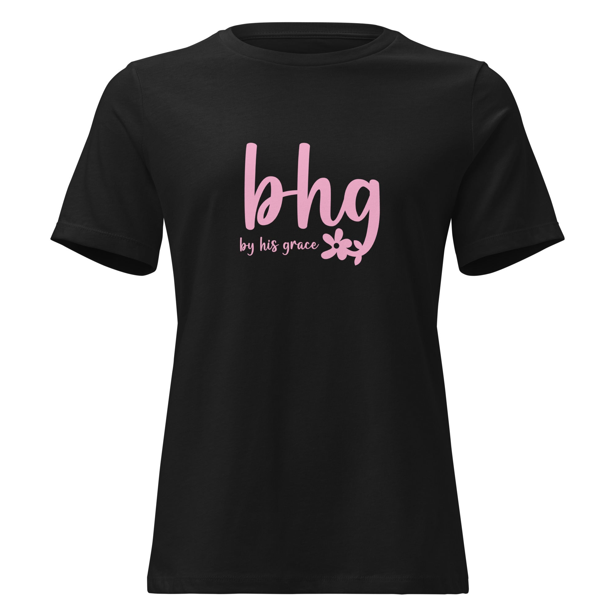 Image of By His Grace women's Christian t-shirt black front view — Entrusted to Him