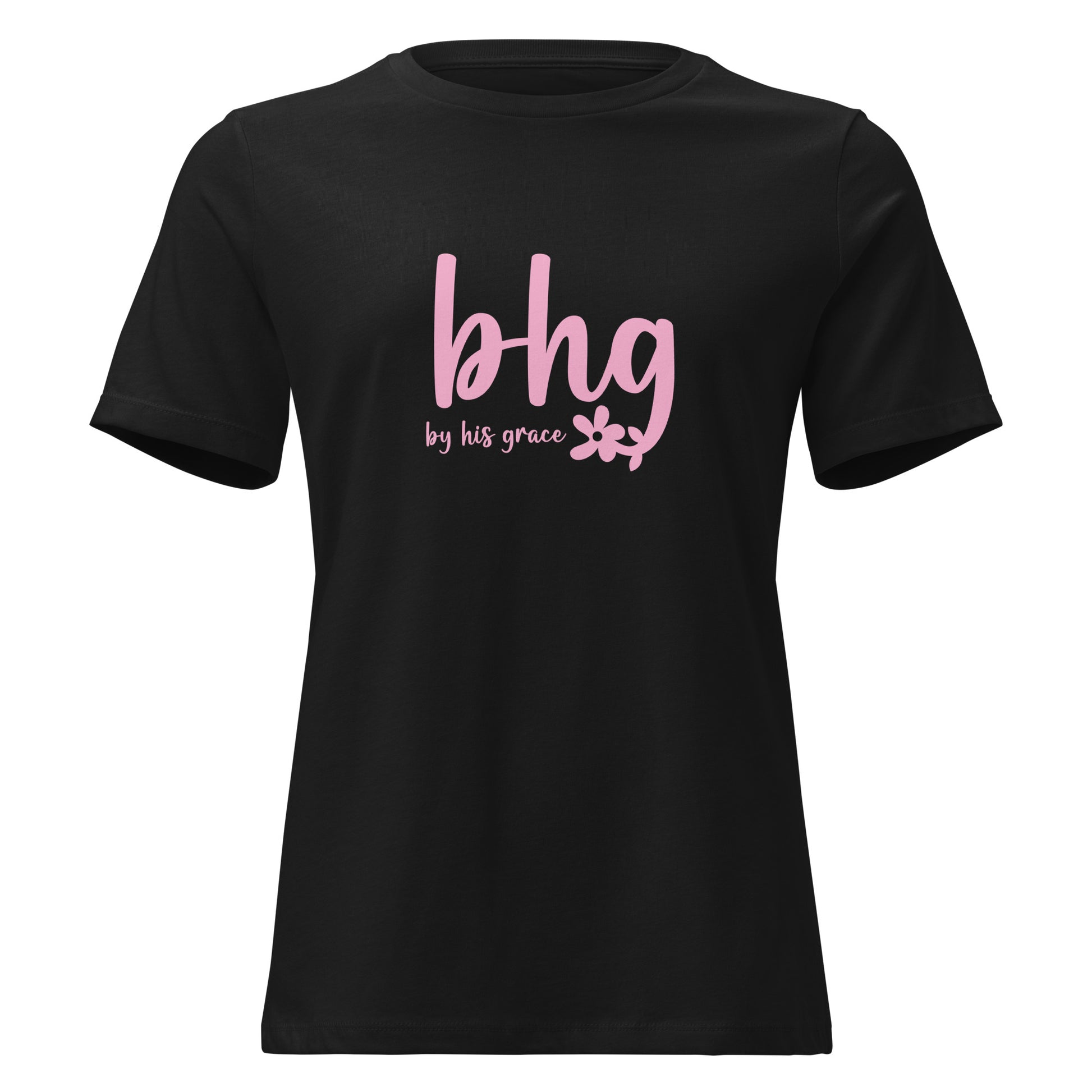 By His Grace women's Christian t-shirt black front view — Entrusted to Him