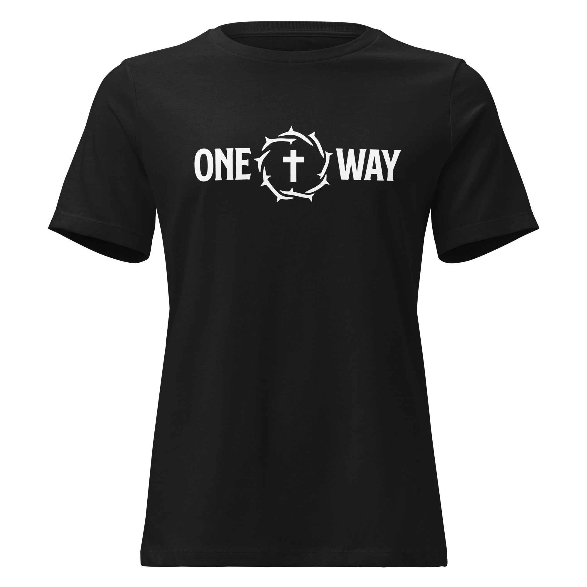 Image of One Way women's relaxed t-shirt in black with cross and crown of thorns design, front view