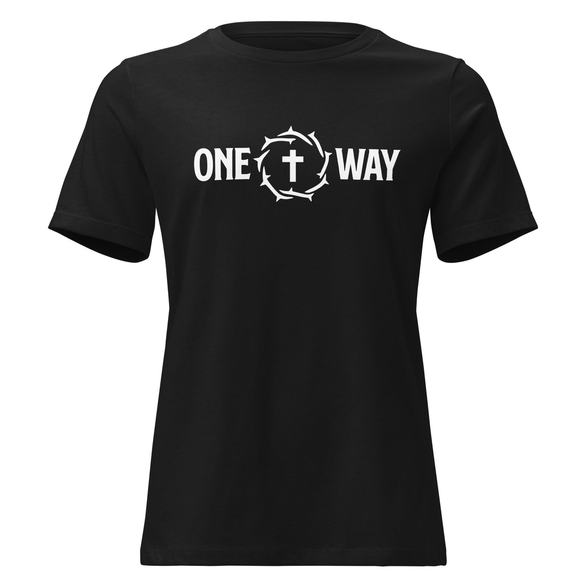 One Way women's relaxed t-shirt in black with cross and crown of thorns design, front view