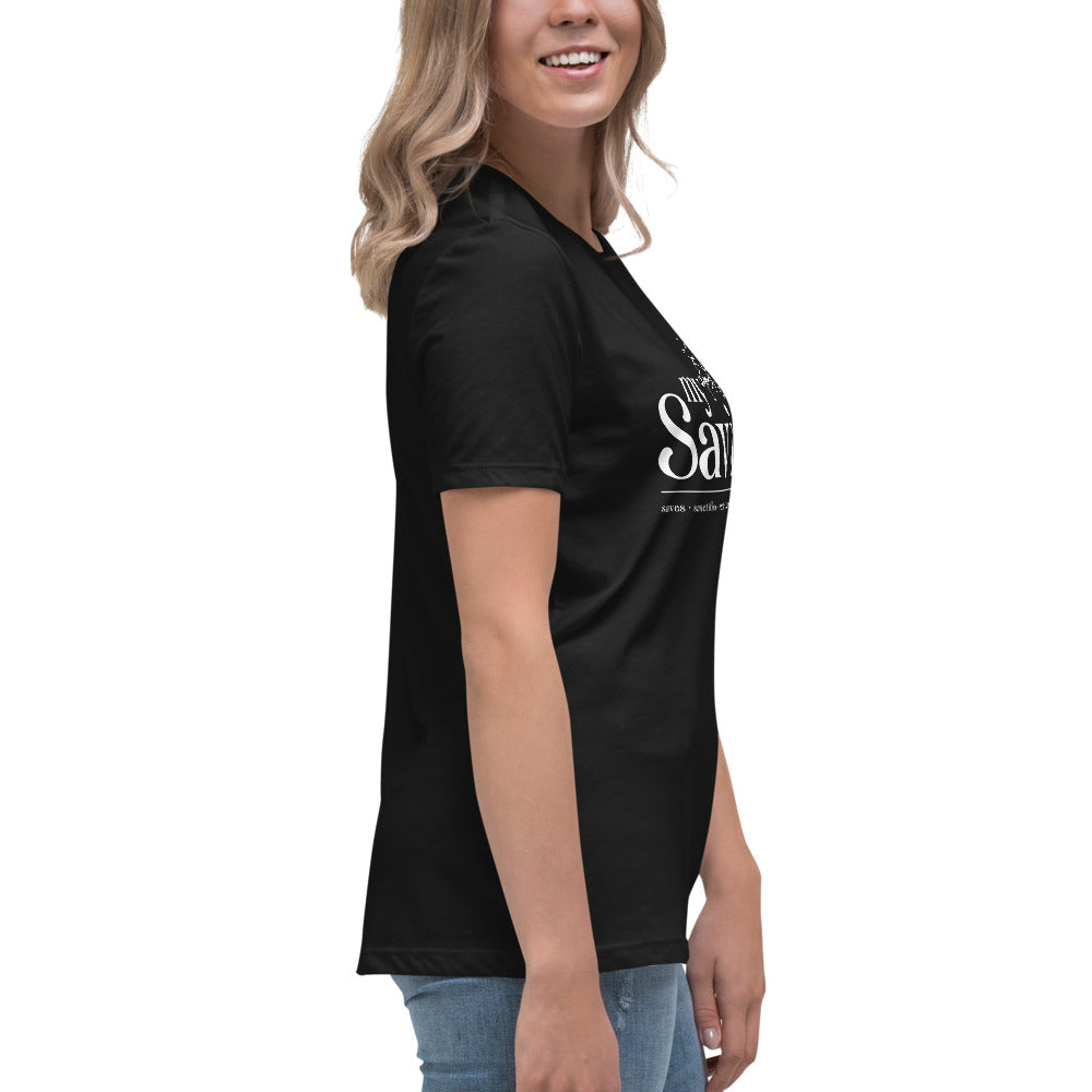 My Savior Christian graphic tee women black right side view — Entrusted to Him