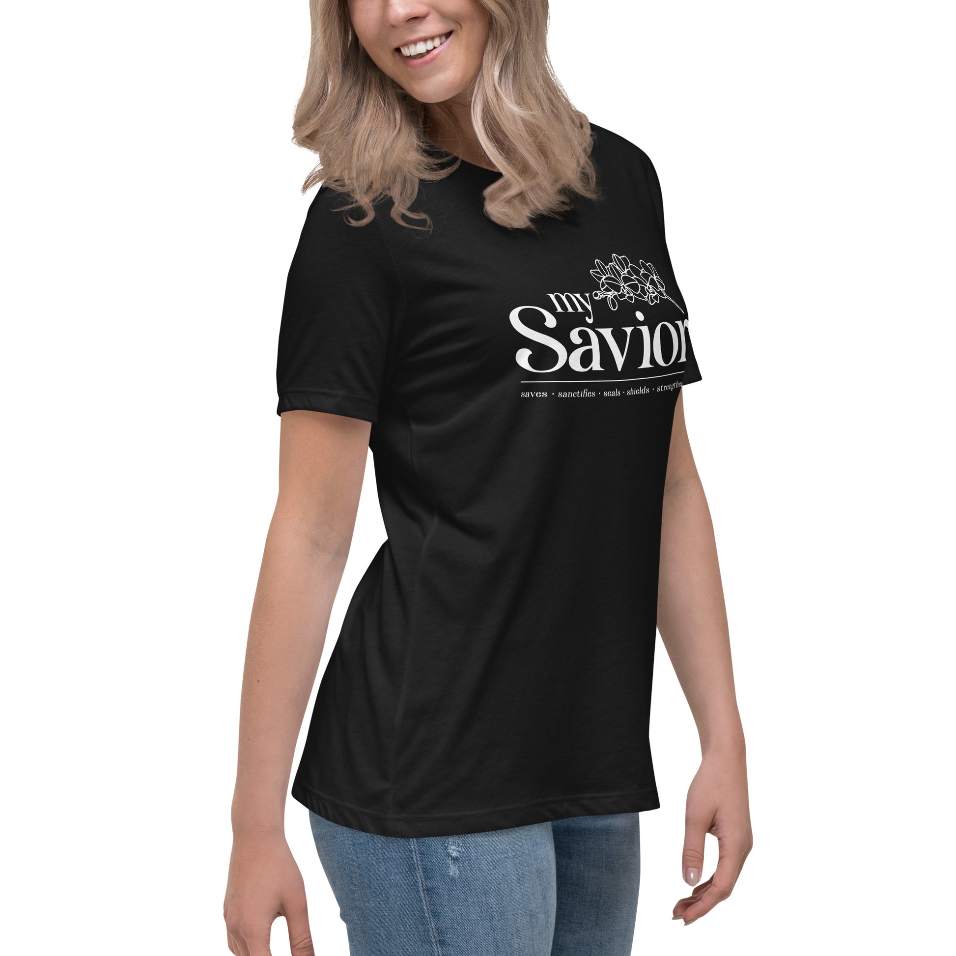 My Savior Christian clothing for women black right front view — Entrusted to Him