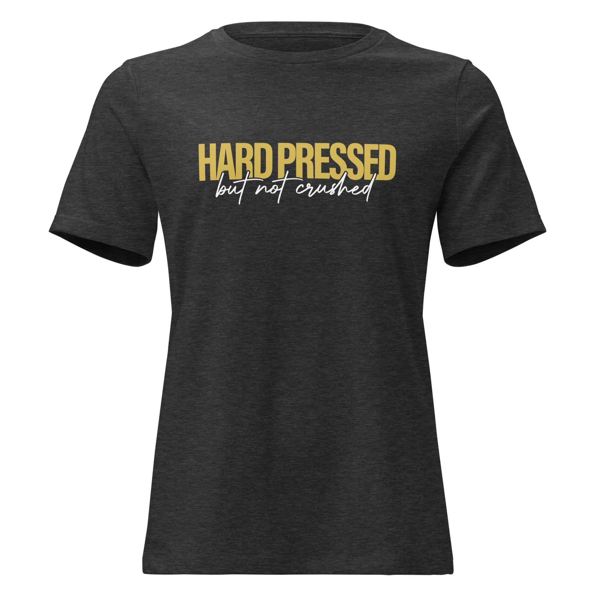 Hard Pressed Christian graphic tee women dark grey heather front view — Entrusted to Him