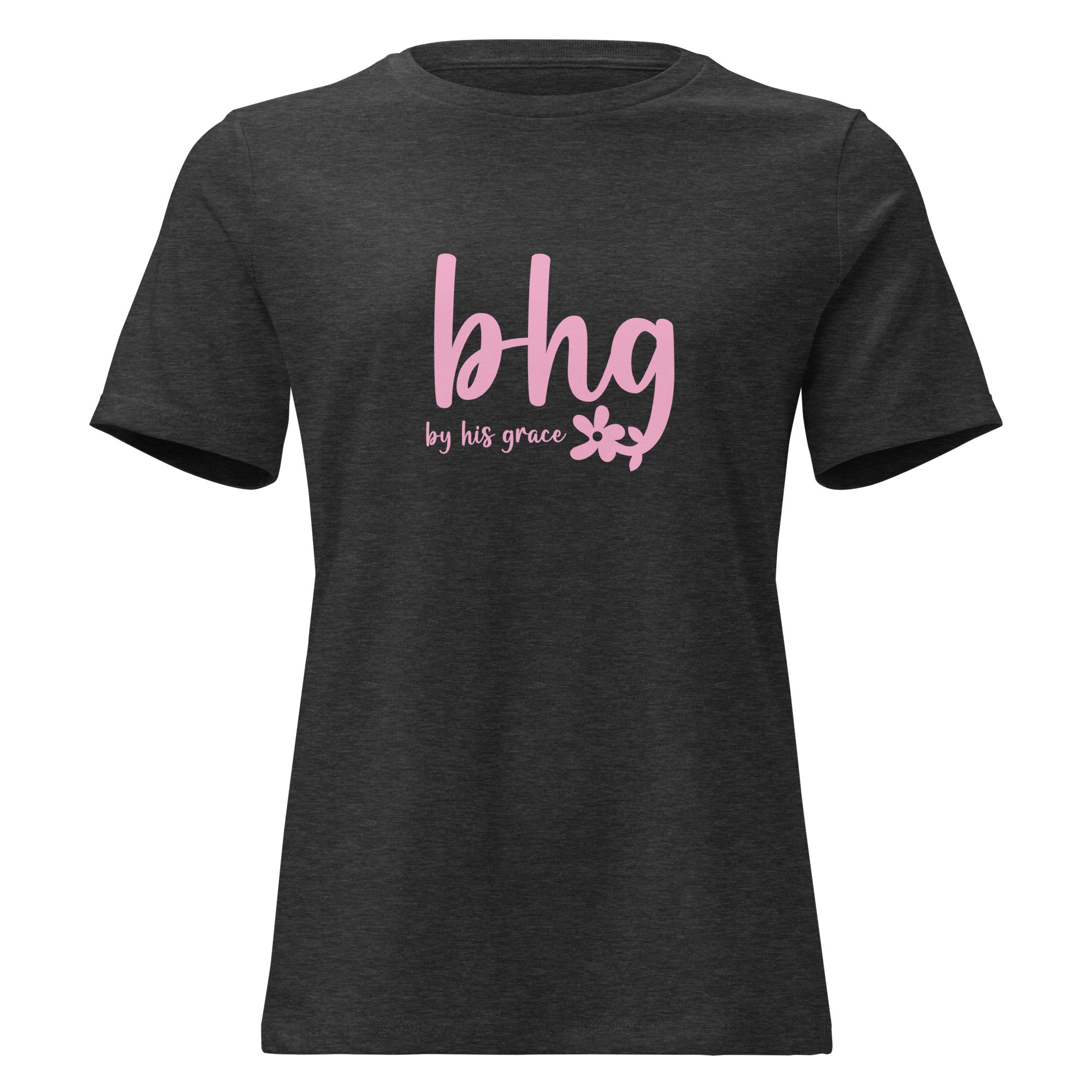 Image of BHG women's Christian t-shirt dark grey heather front view — Entrusted to Him