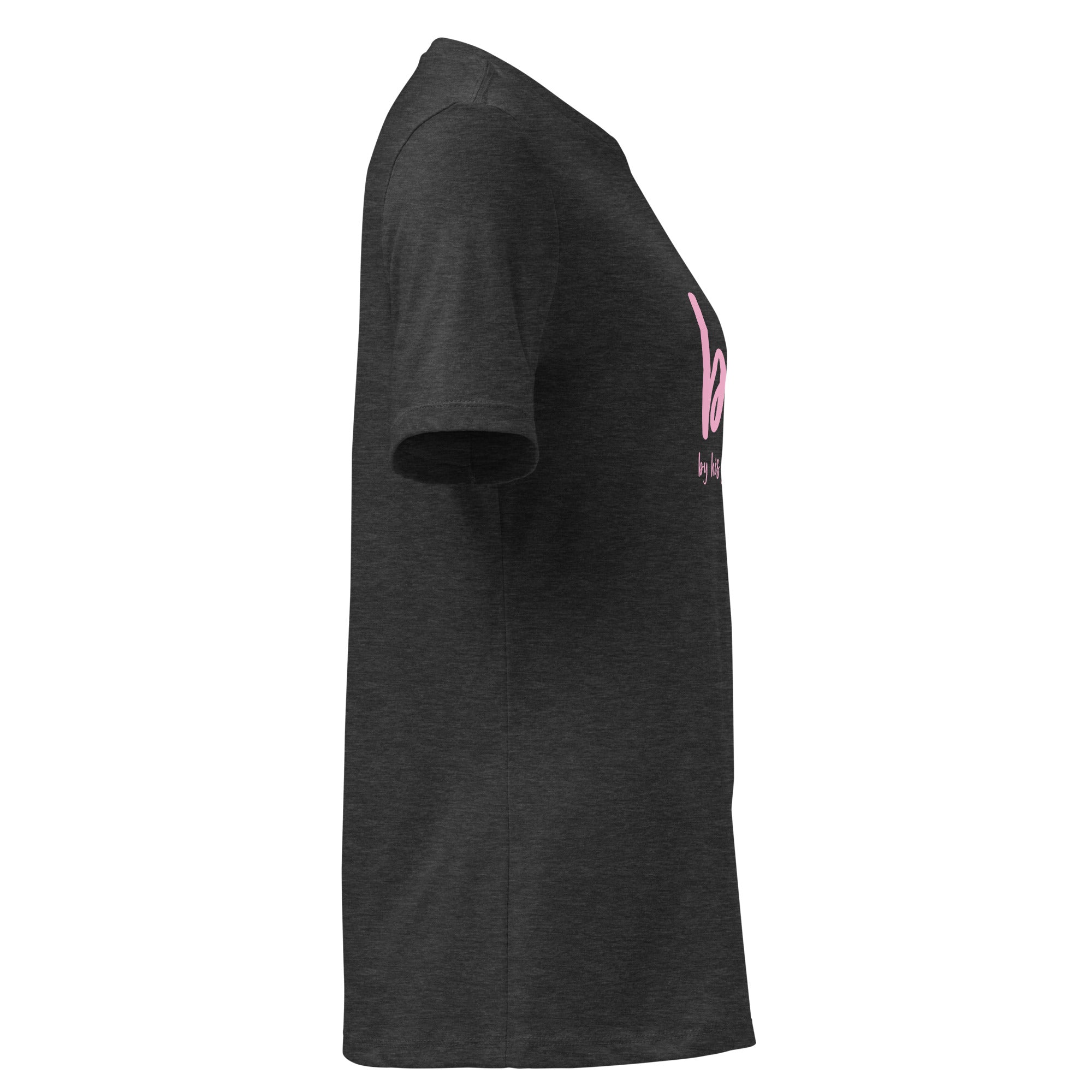 Image of BHG women's Christian t-shirt dark grey heather right side view — Entrusted to Him