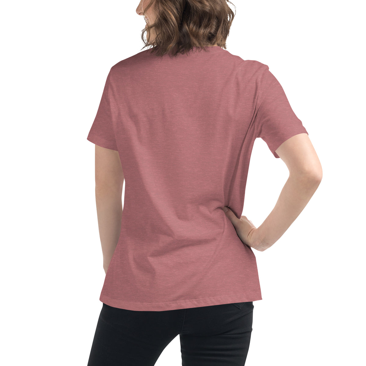 Woman wearing the One Way women's relaxed t-shirt in heather mauve, seen from behind
