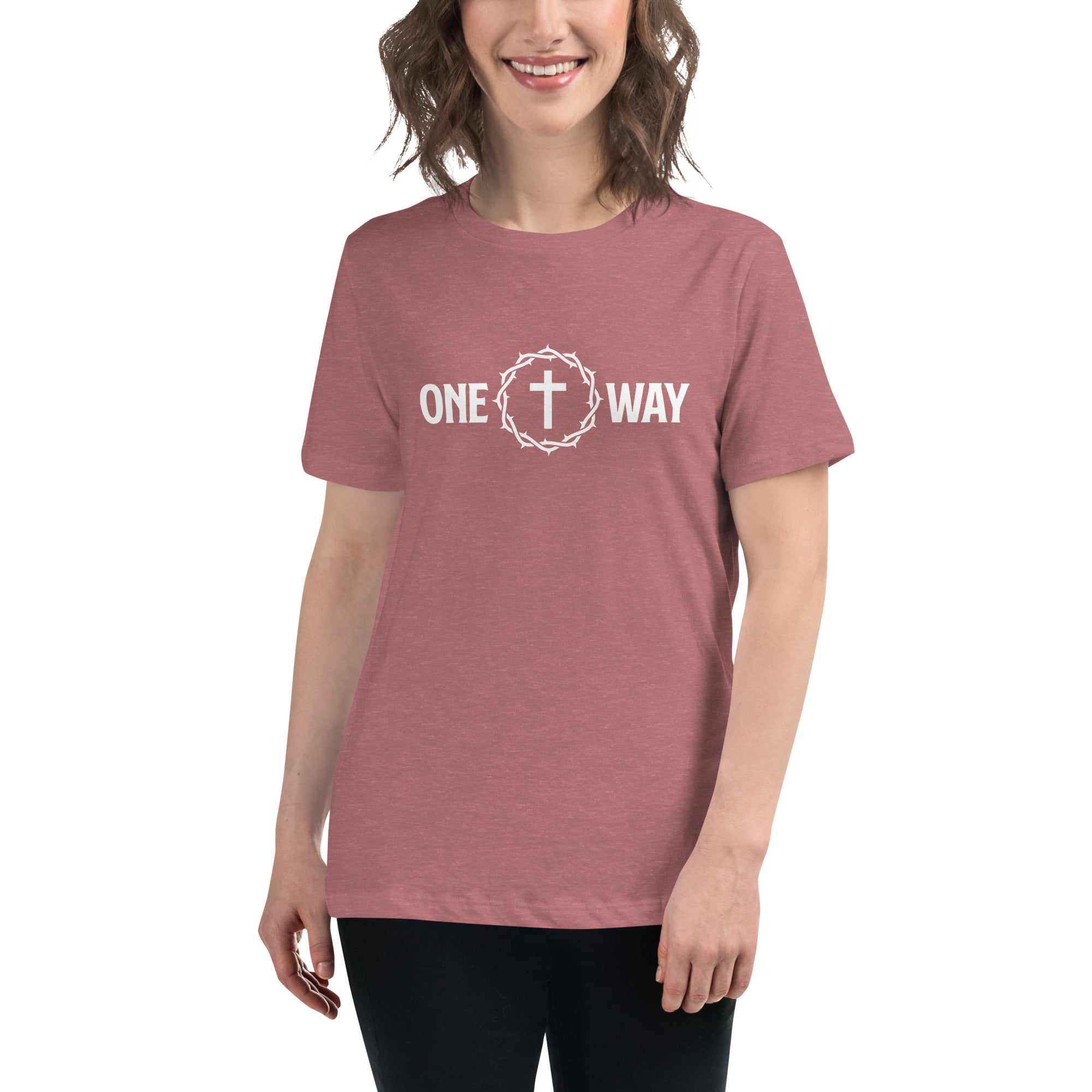 Image of One Way women's Christian t-shirt heather mauve front detail view — Entrusted to Him