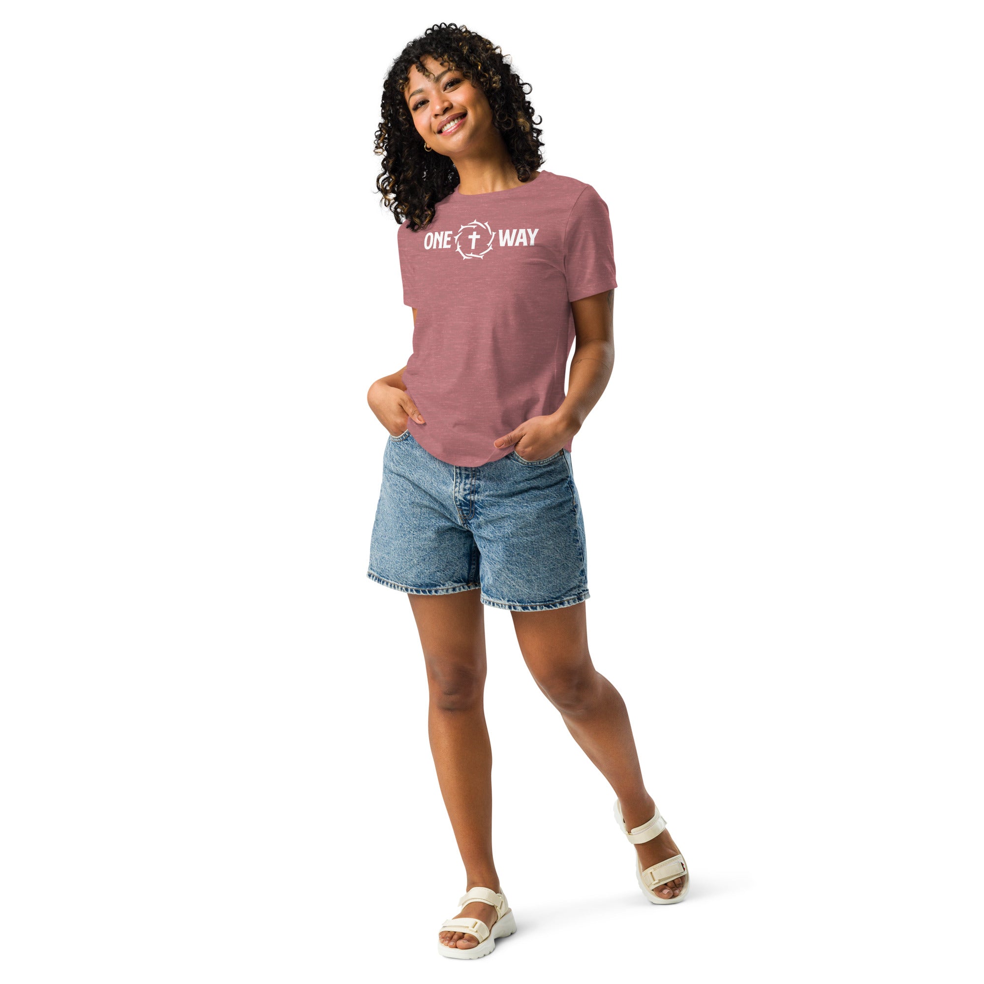 Image of Woman wearing the One Way women's relaxed t-shirt in heather mauve with denim shorts, full-length view