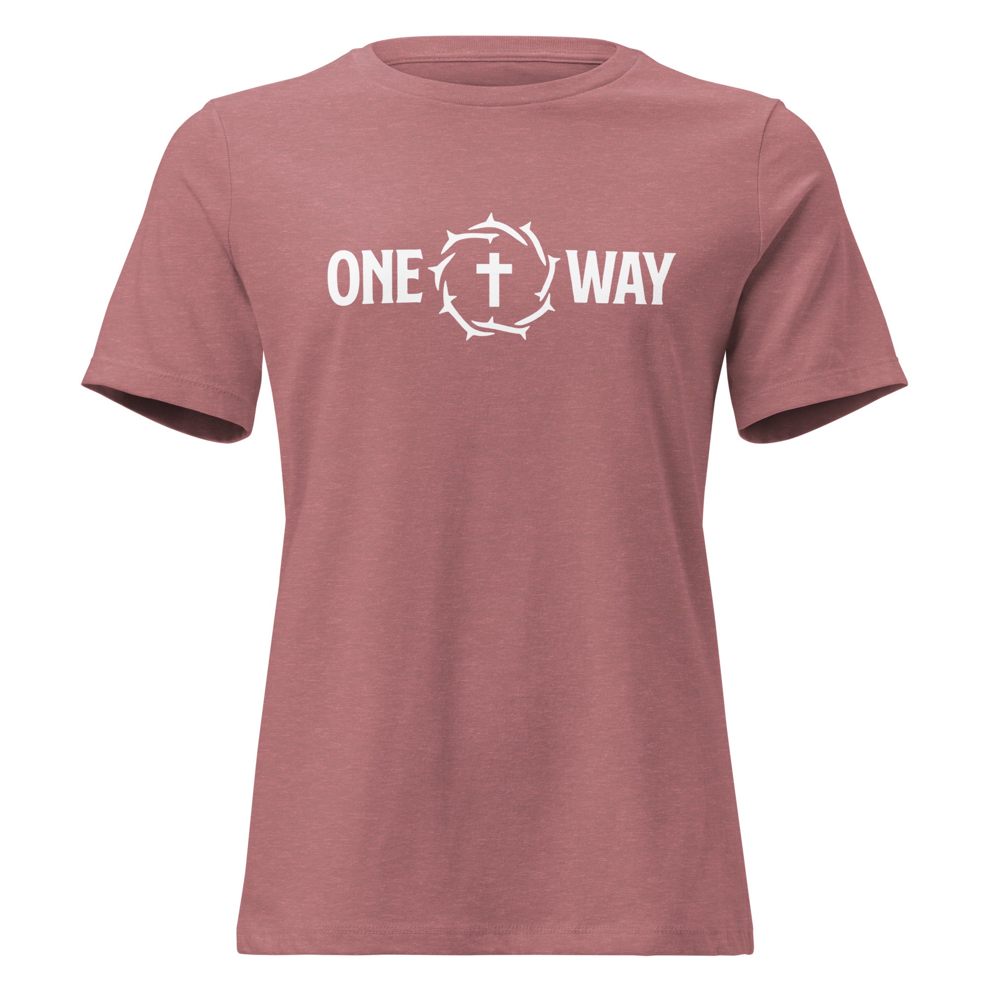 Image of One Way women's relaxed t-shirt in heather mauve with cross and crown of thorns design, front view