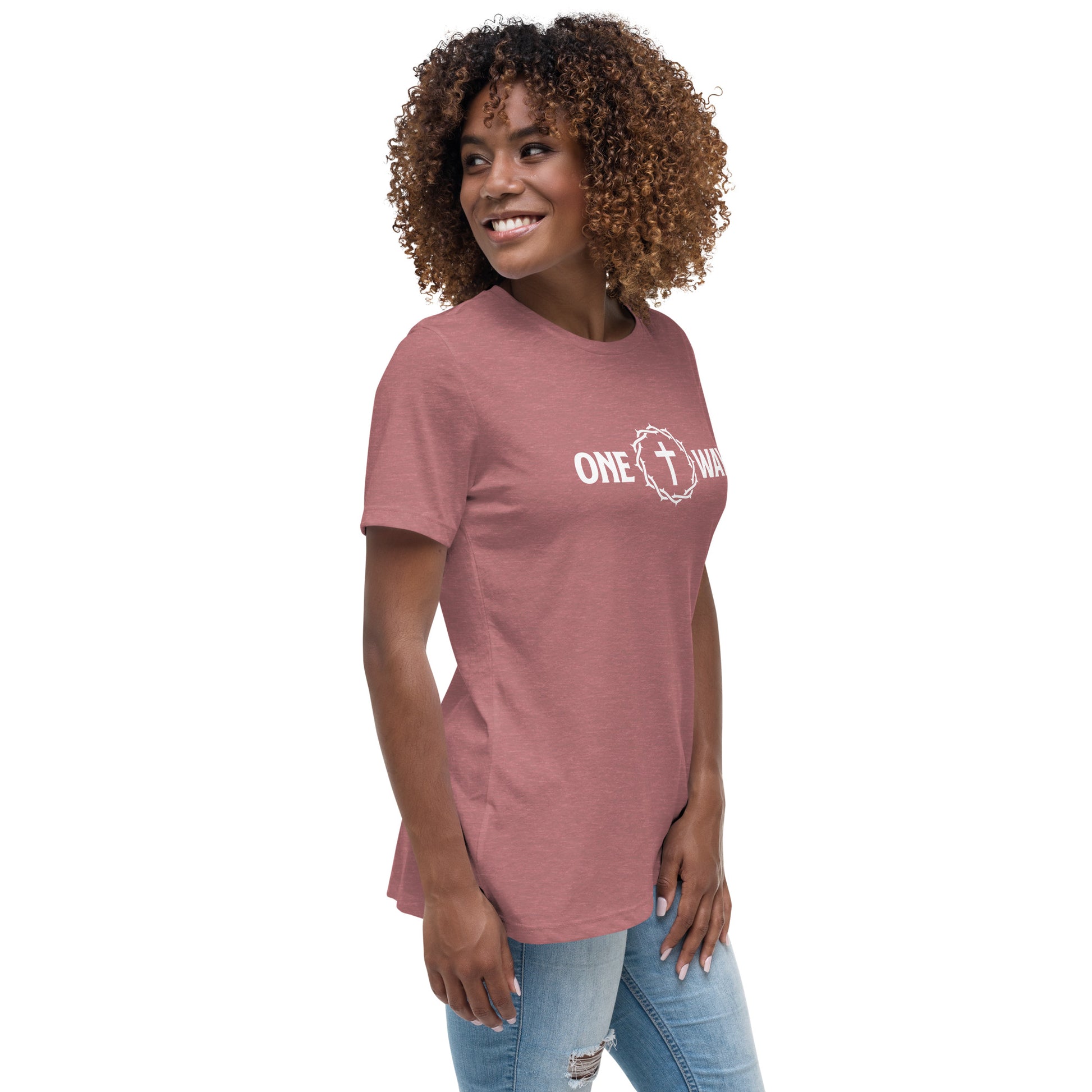 One Way Christian graphic tee women heather mauve right front view — Entrusted to Him