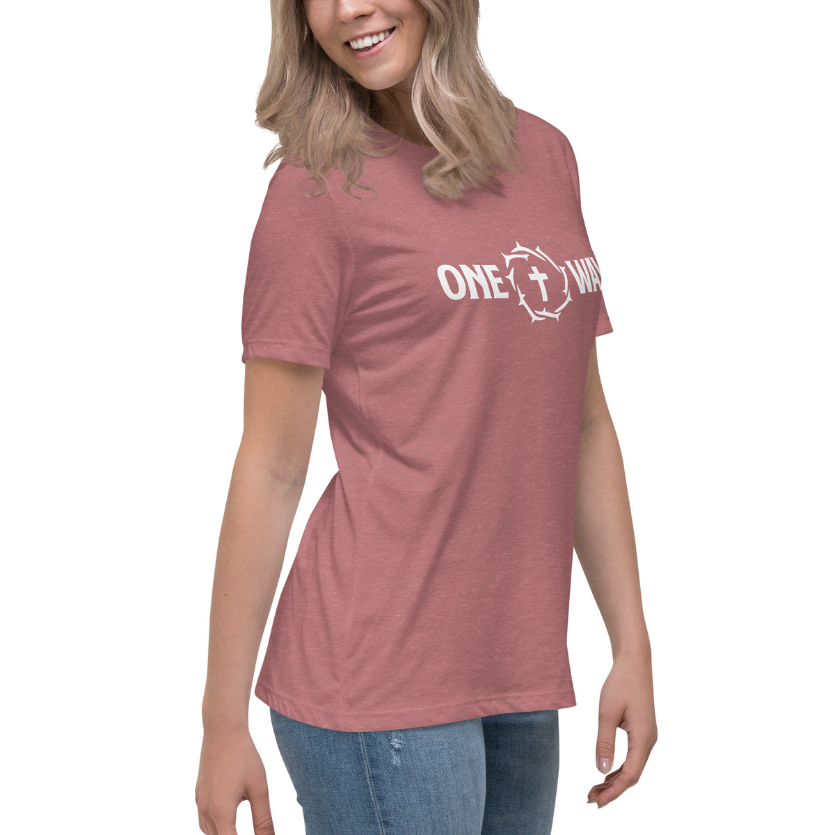 Woman wearing the One Way women's relaxed t-shirt in heather mauve, three-quarter view of the design