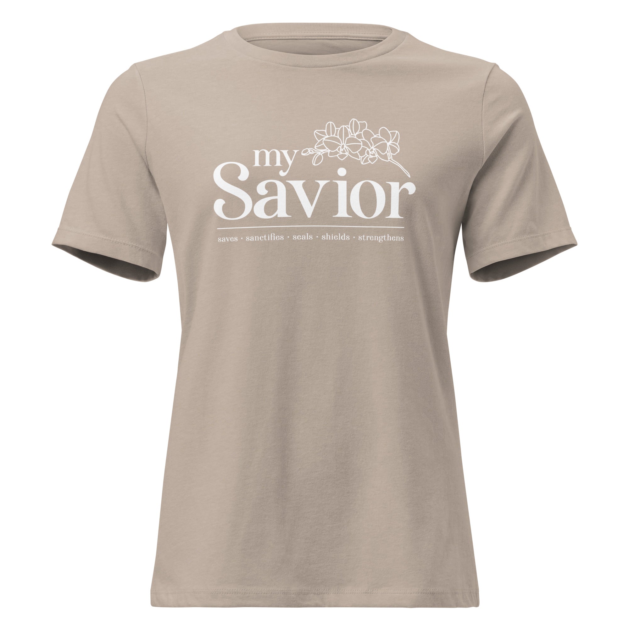 Image of My Savior Christian graphic tee women heather stone front view — Entrusted to Him