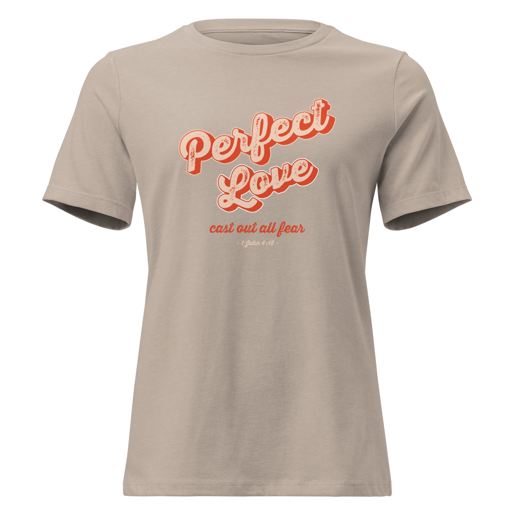 Image of Perfect Love women's Christian t-shirt heather stone front view — Entrusted to Him
