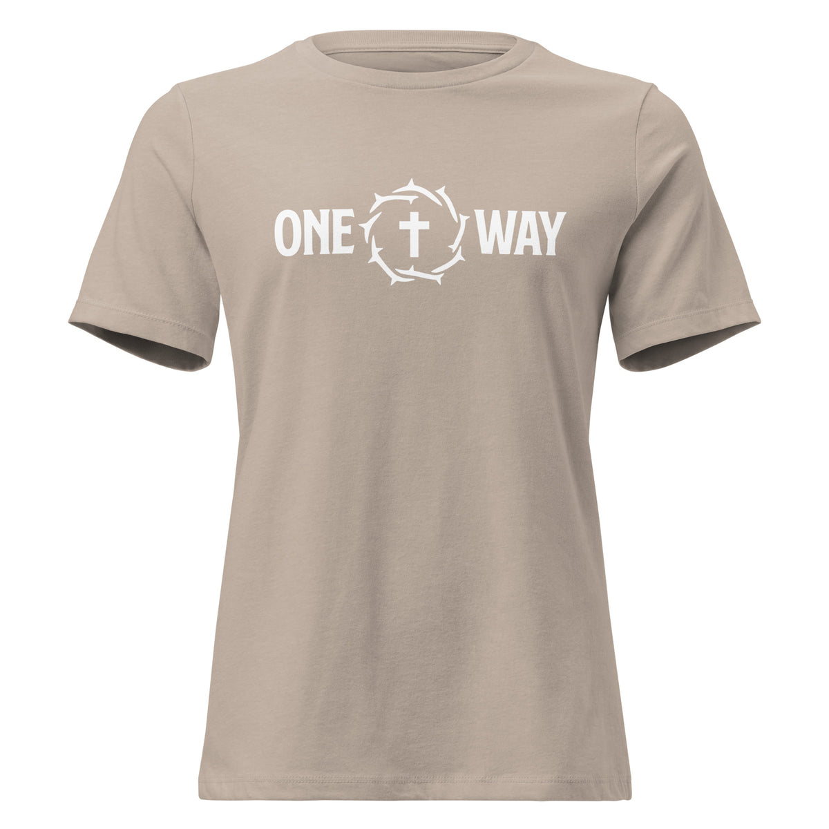 One Way women's relaxed t-shirt in heather stone with cross and crown of thorns design, front view
