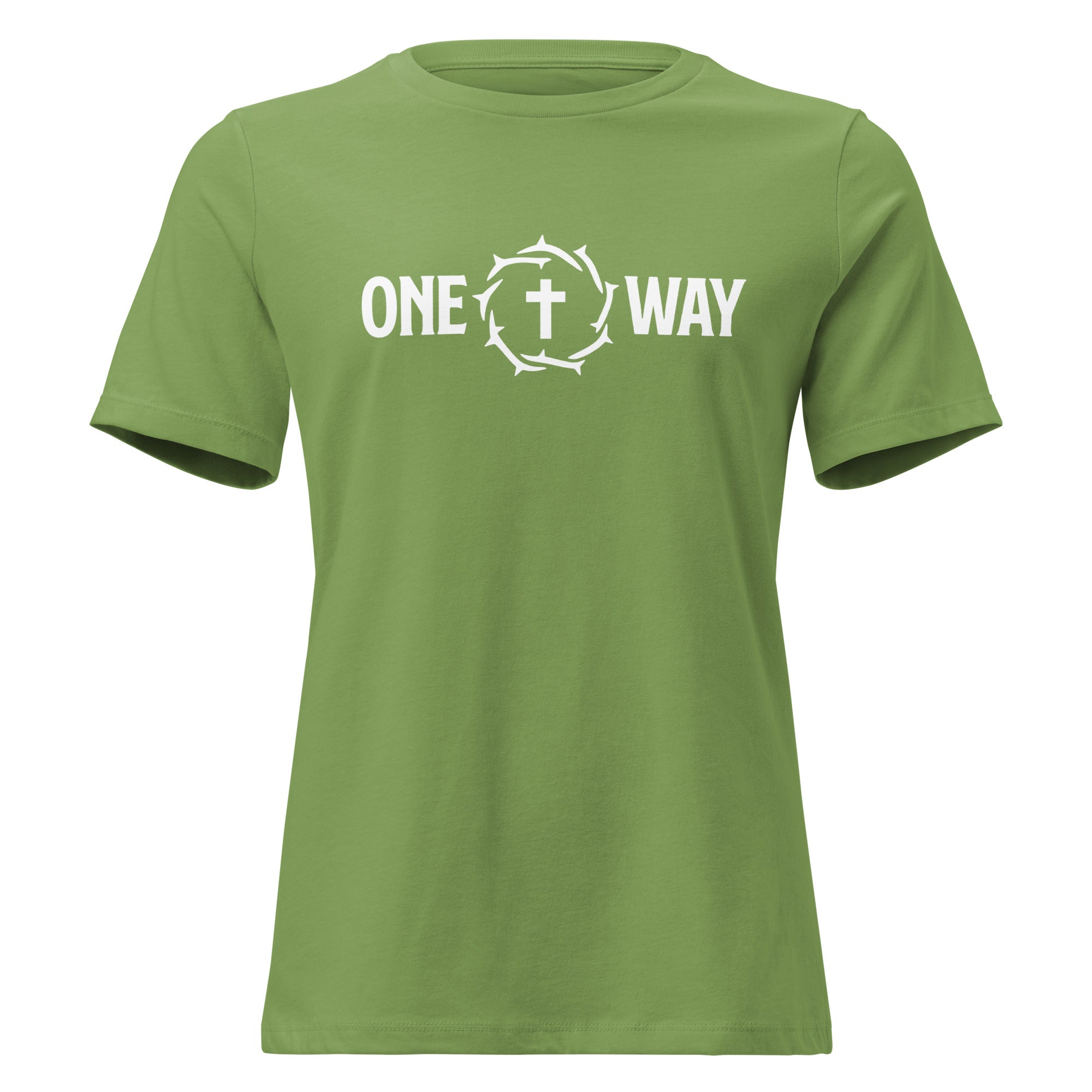 Image of One Way women's relaxed t-shirt in leaf with cross and crown of thorns design, front view