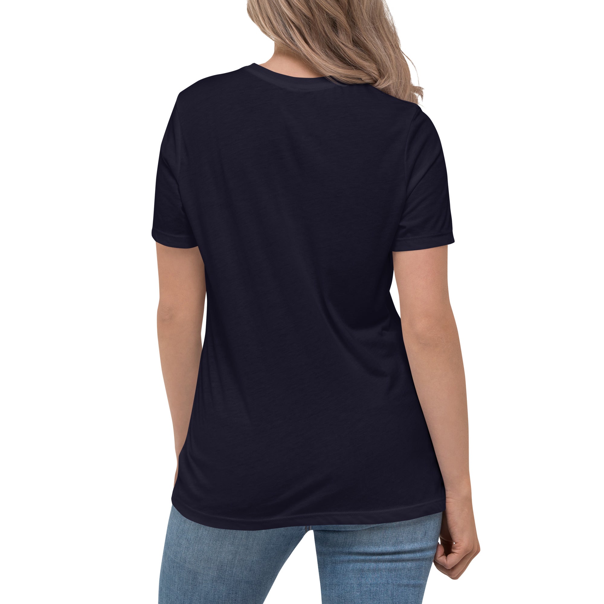 Image of Hard Pressed women's Christian t-shirt navy back alternate view — Entrusted to Him