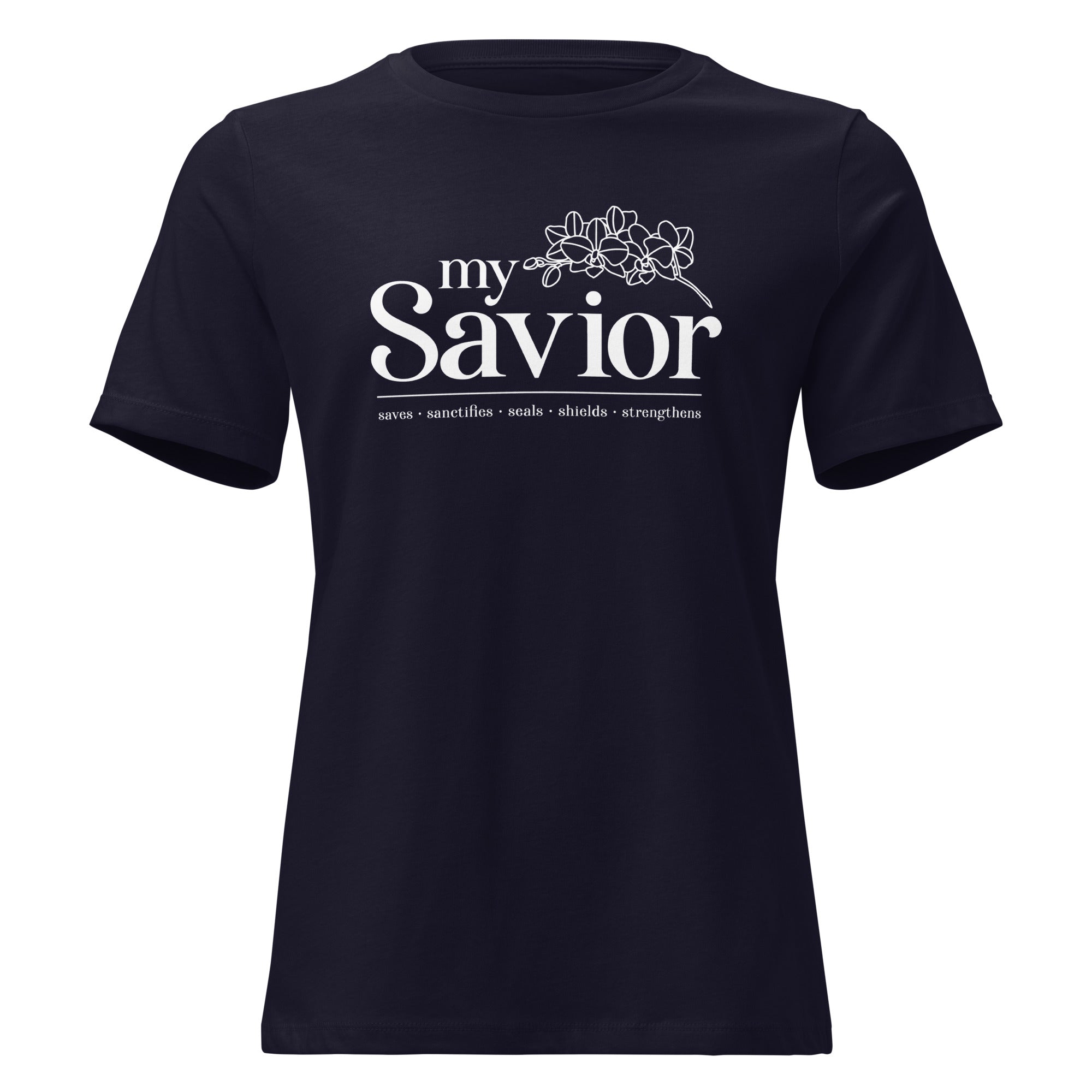 Image of My Savior Christian clothing for women navy front view — Entrusted to Him