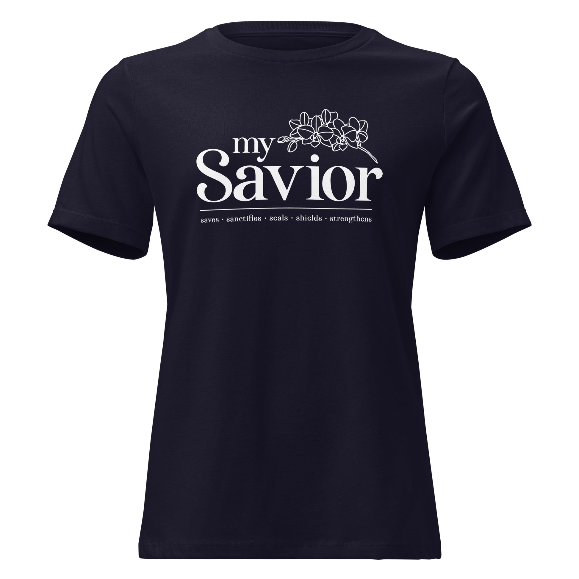 My Savior Christian clothing for women navy front view — Entrusted to Him