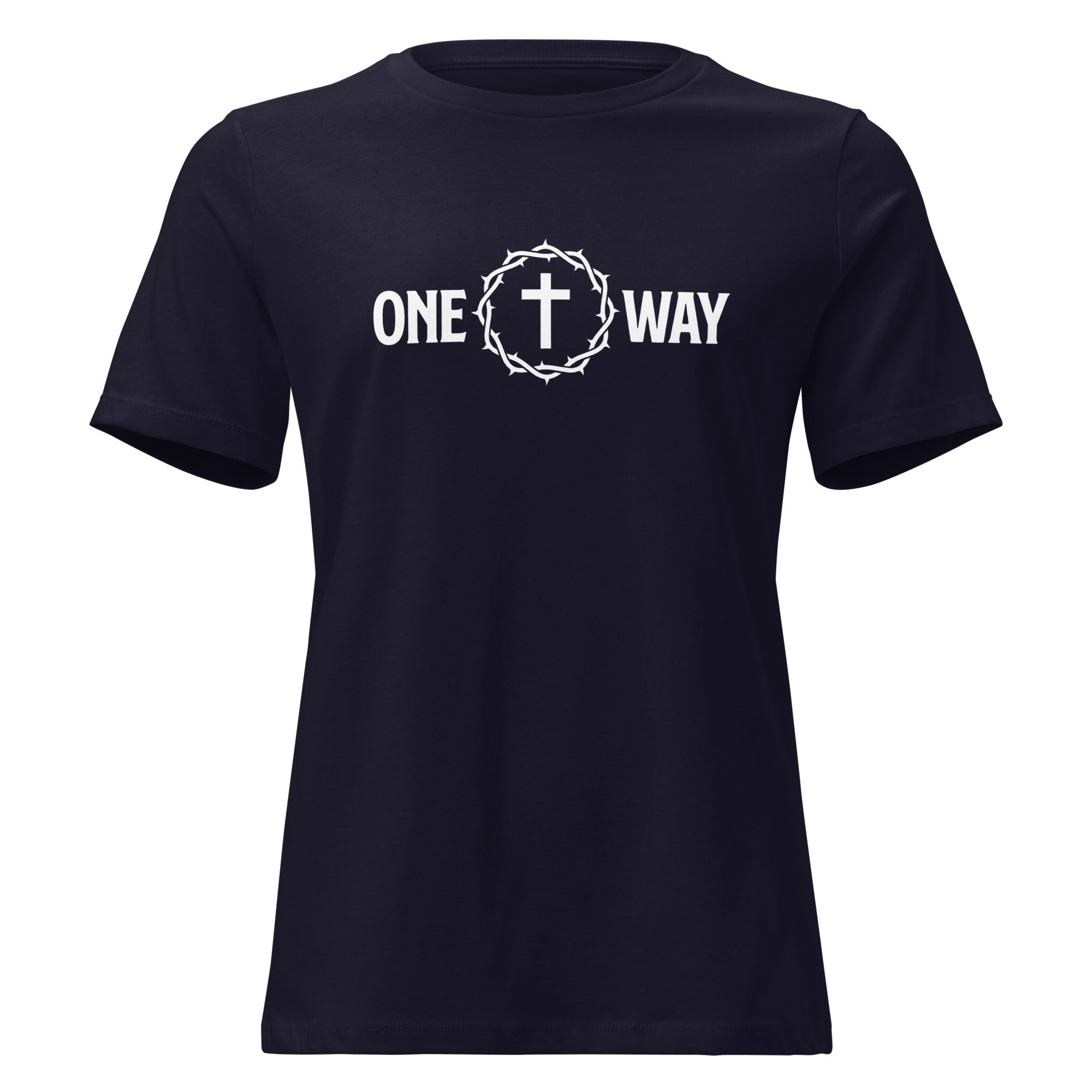 Image of One Way women's Christian t-shirt navy front view — Entrusted to Him