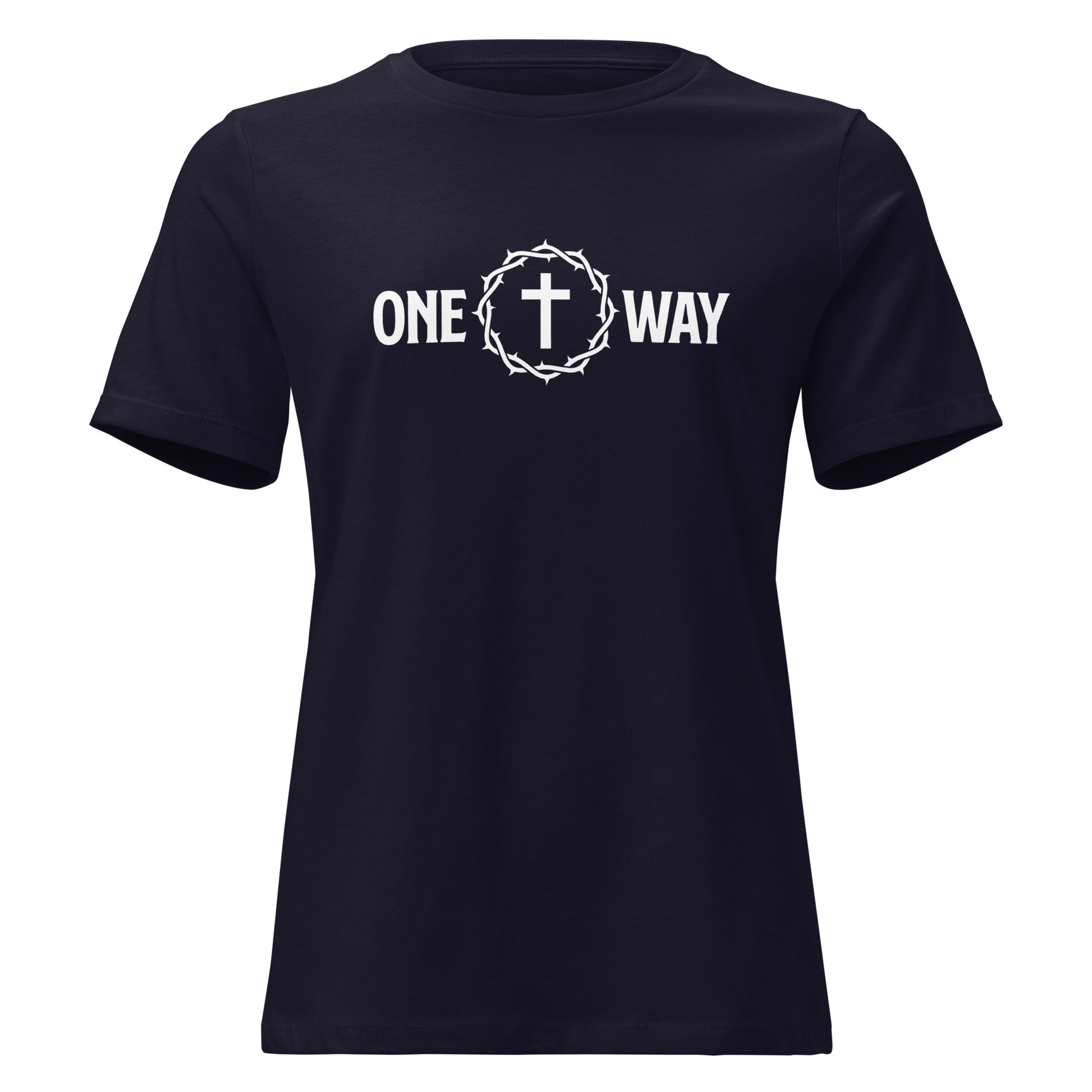 One Way women's Christian t-shirt navy front view — Entrusted to Him