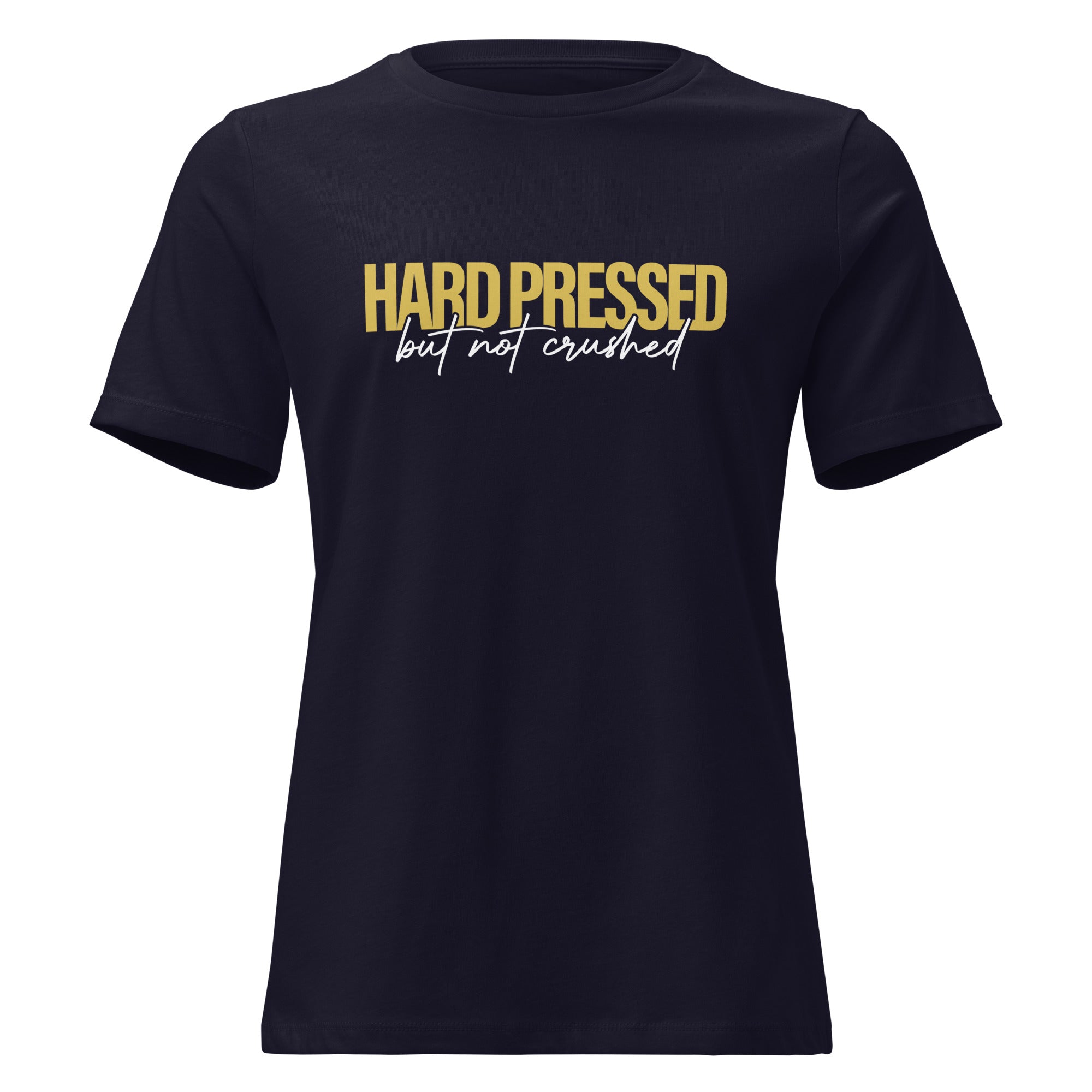 Image of Hard Pressed women's Christian t-shirt navy front view — Entrusted to Him