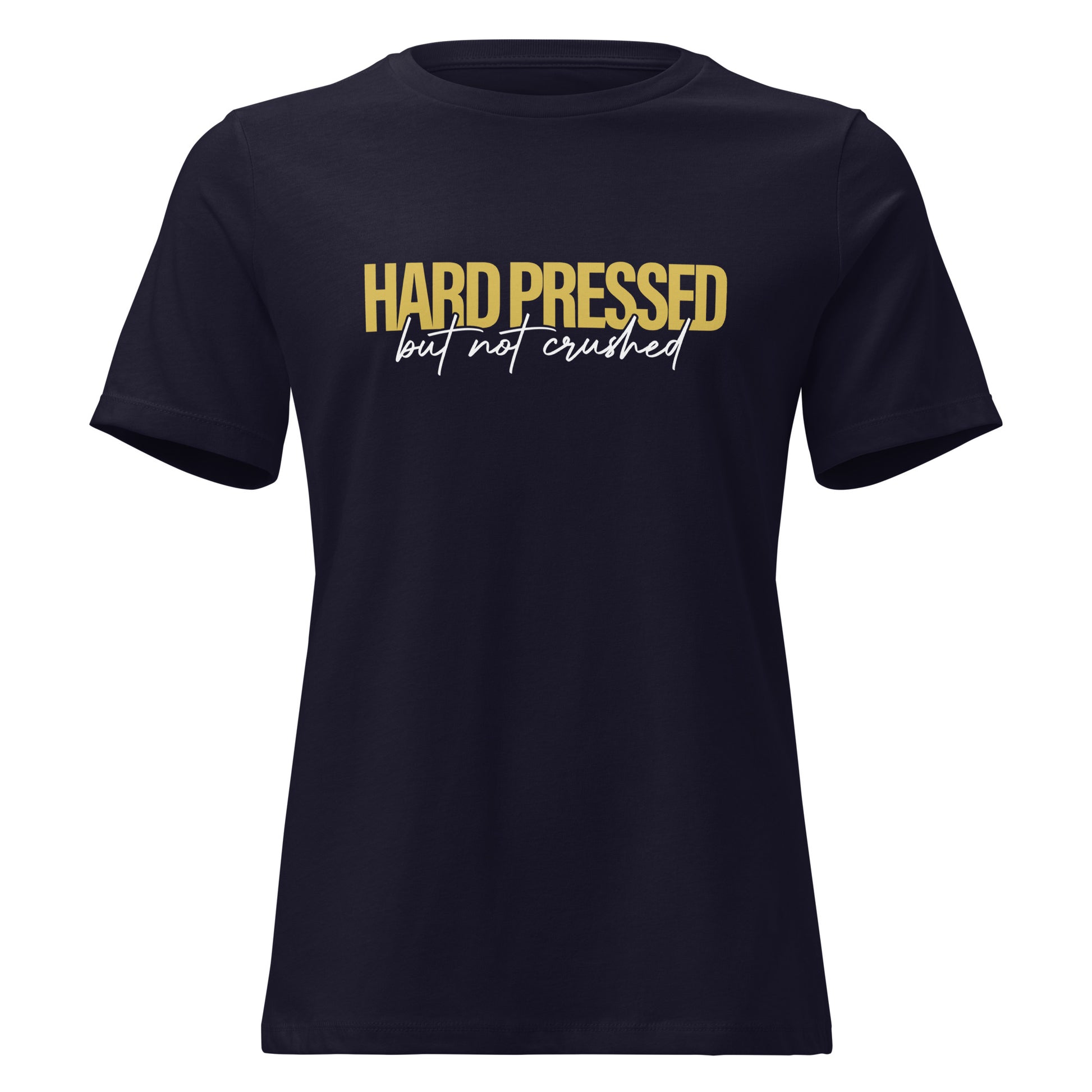 Hard Pressed women's Christian t-shirt navy front view — Entrusted to Him