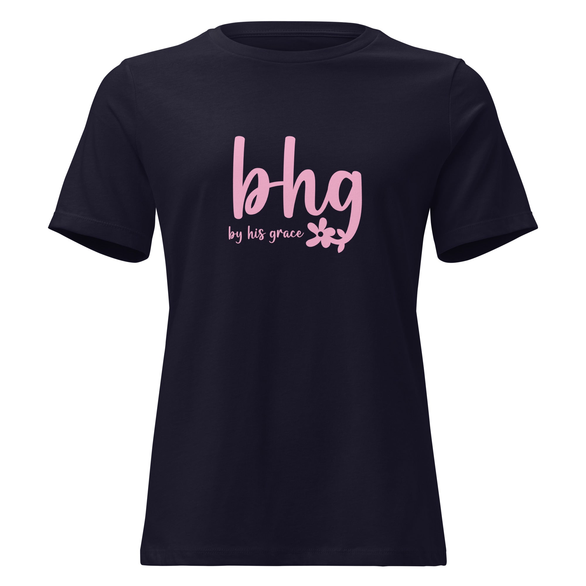 Image of By His Grace women's Christian t-shirt navy front view — Entrusted to Him