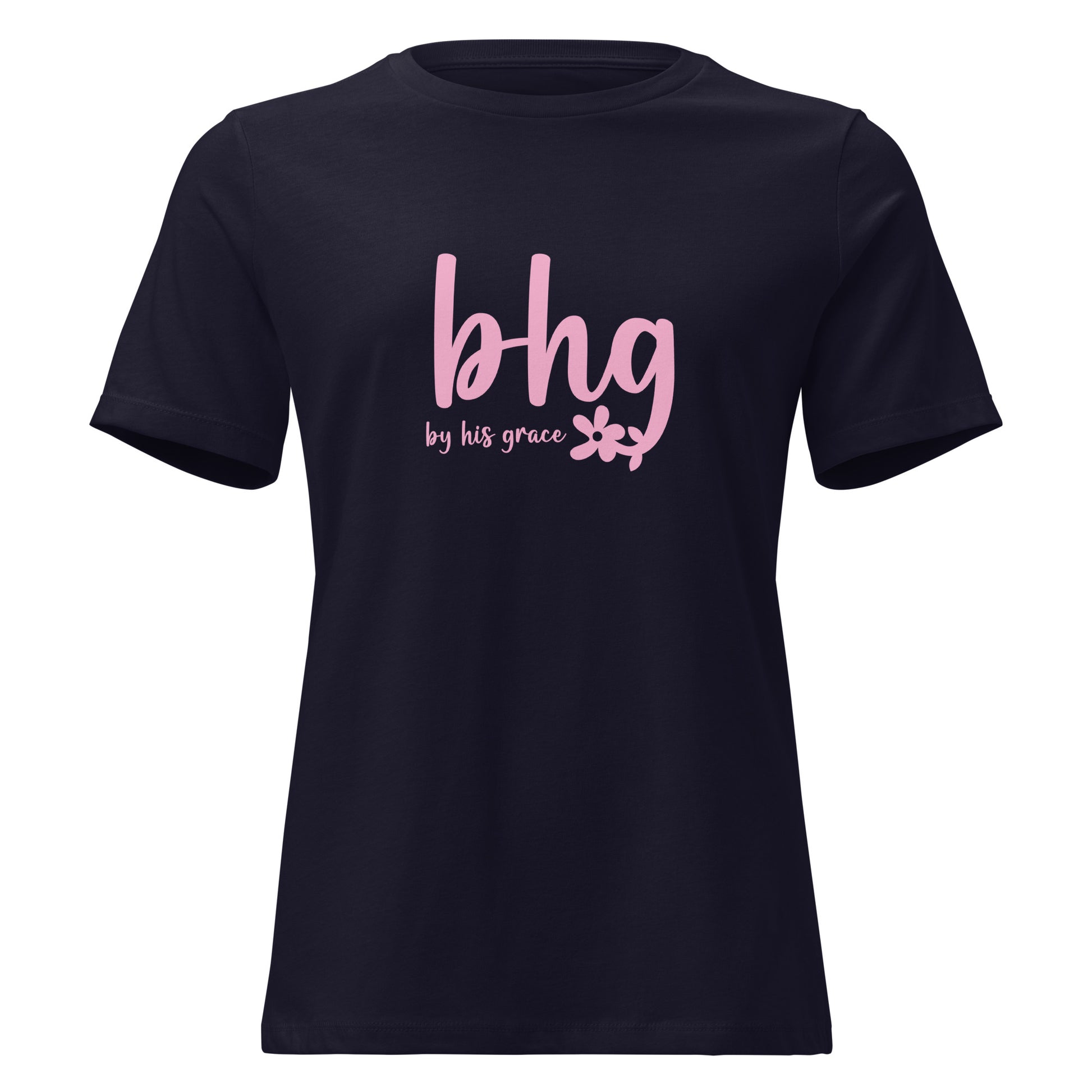 By His Grace women's Christian t-shirt navy front view — Entrusted to Him
