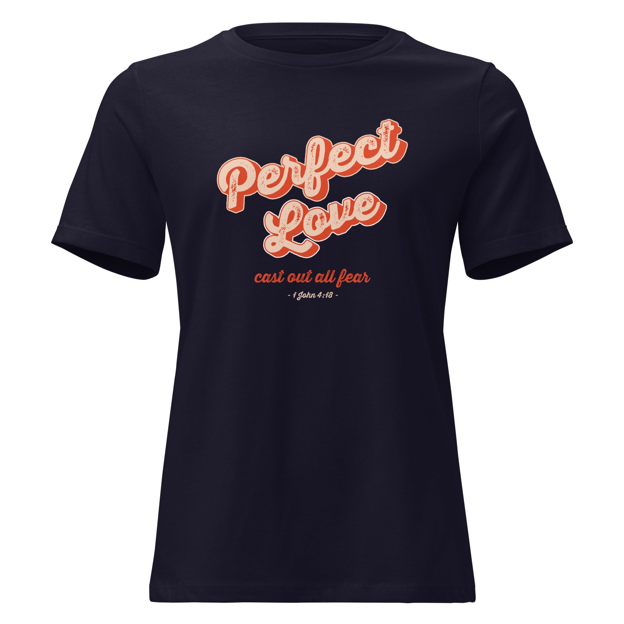 Image of Perfect Love women's Christian t-shirt navy front view — Entrusted to Him