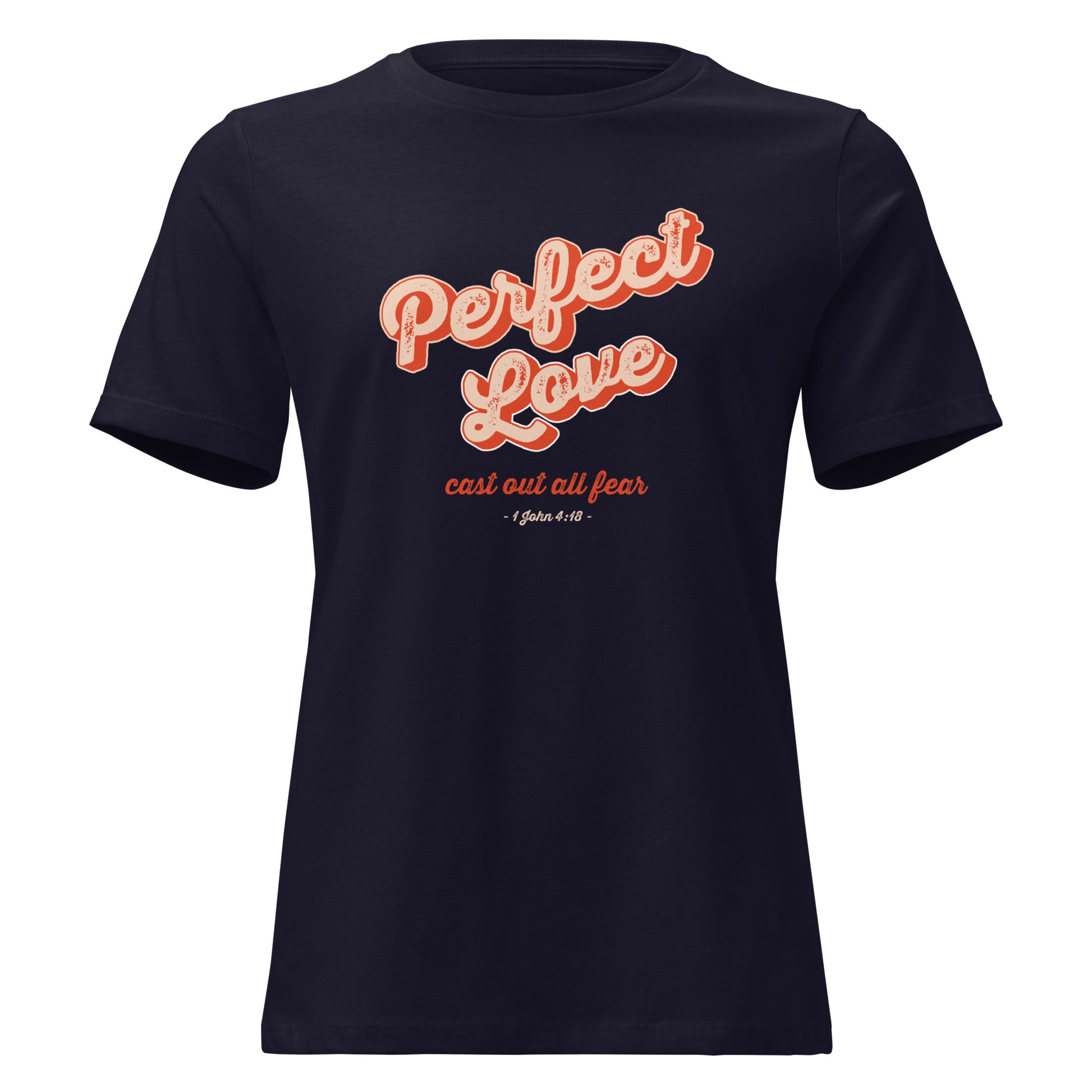 Perfect Love women's Christian t-shirt navy front view — Entrusted to Him