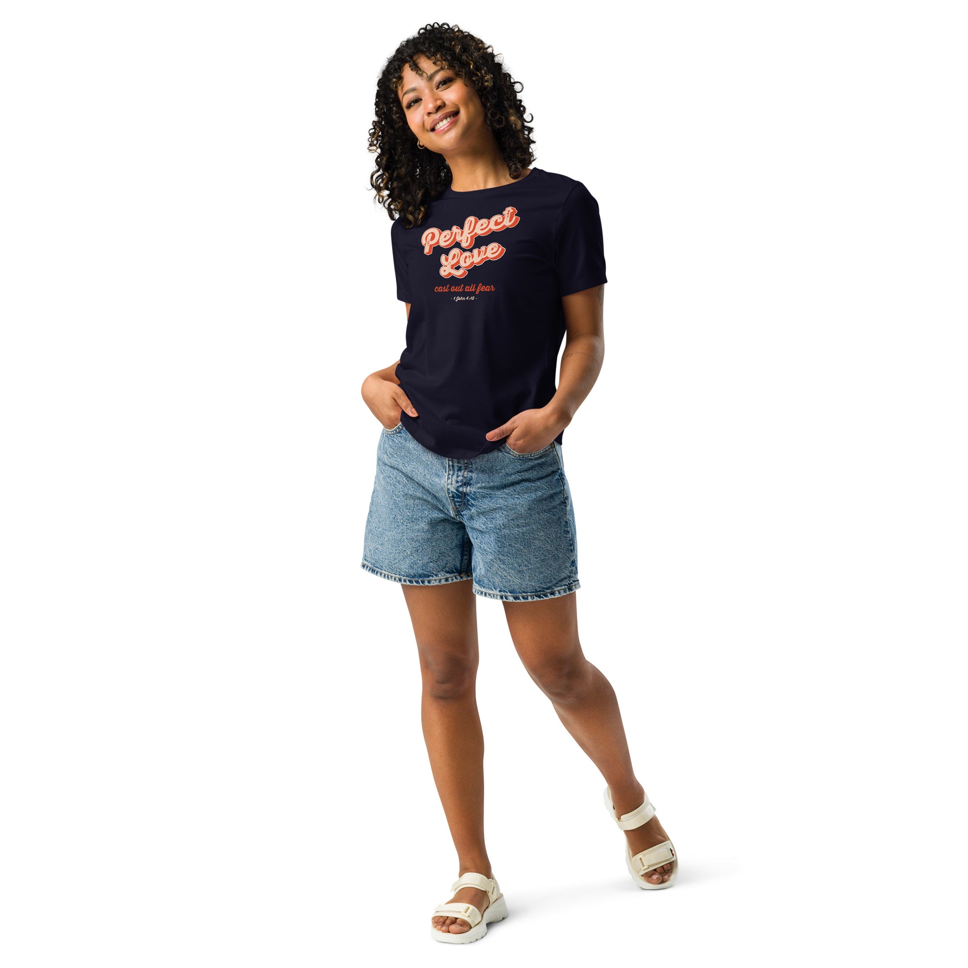 Perfect Love Jesus shirt women navy front alternate view — Entrusted to Him