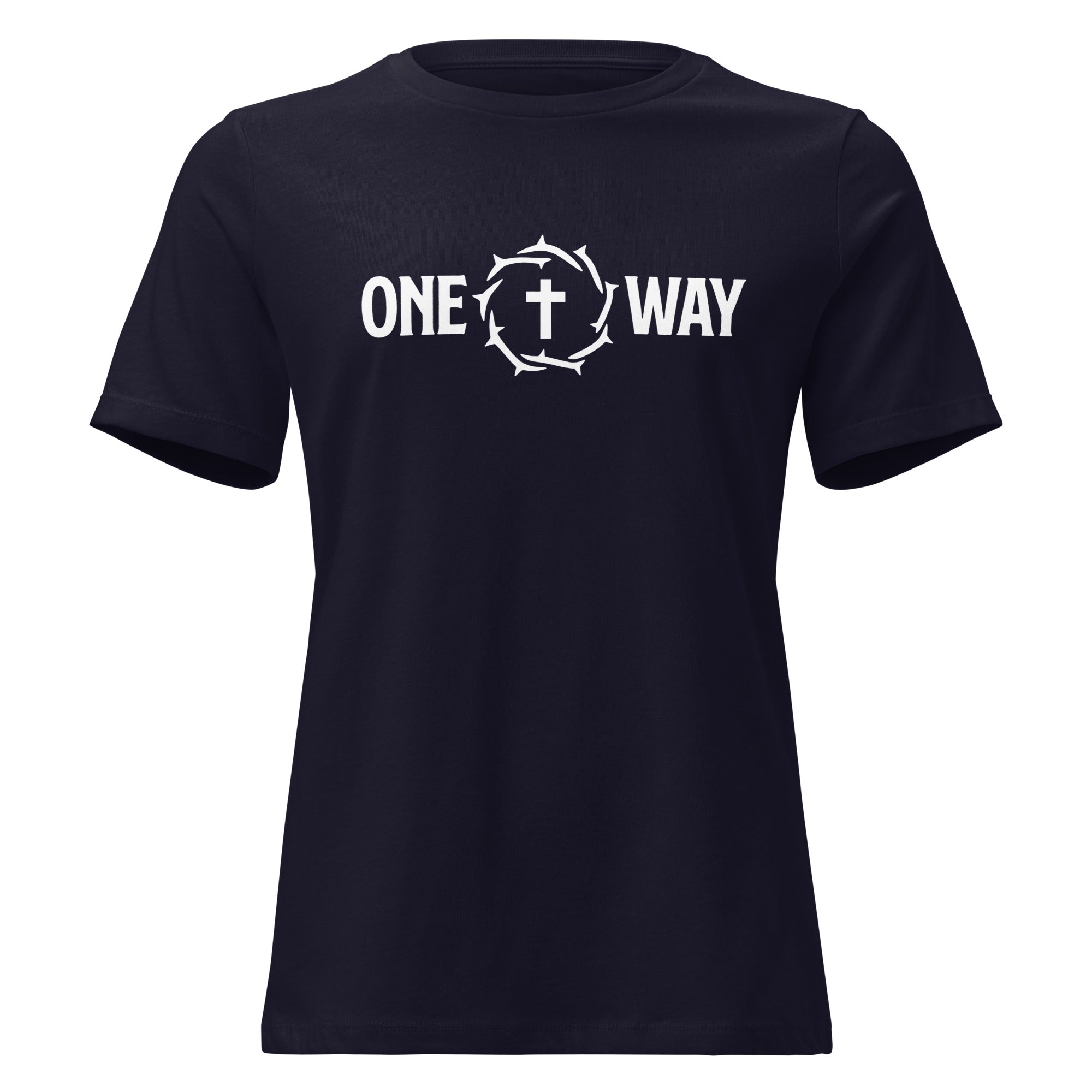 Image of One Way women's relaxed t-shirt in navy with cross and crown of thorns design, front view