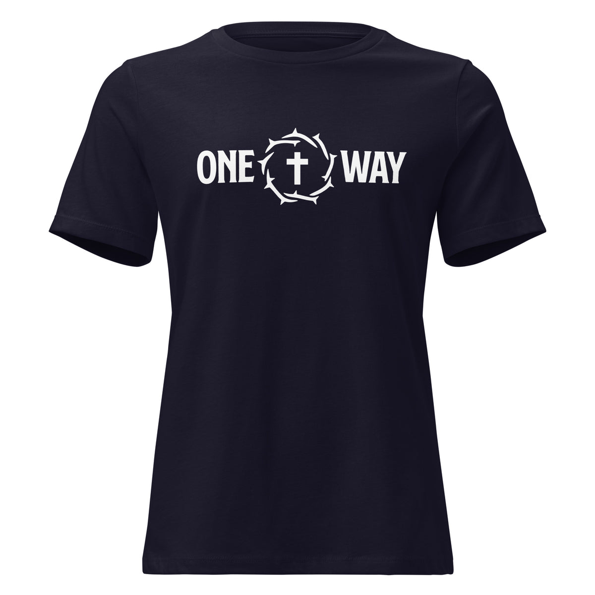 One Way women's relaxed t-shirt in navy with cross and crown of thorns design, front view
