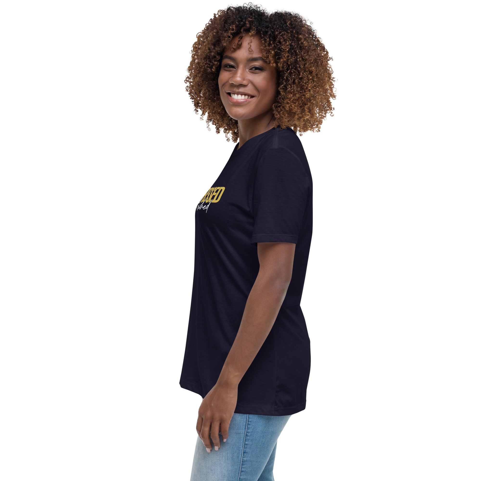 Image of Hard Pressed Christian graphic tee women navy left alternate view — Entrusted to Him