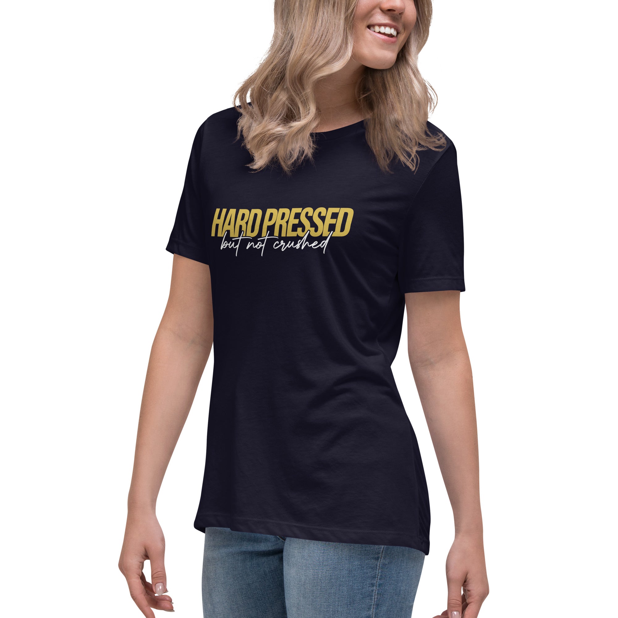 Image of Hard Pressed Christian clothing for women navy left front view — Entrusted to Him
