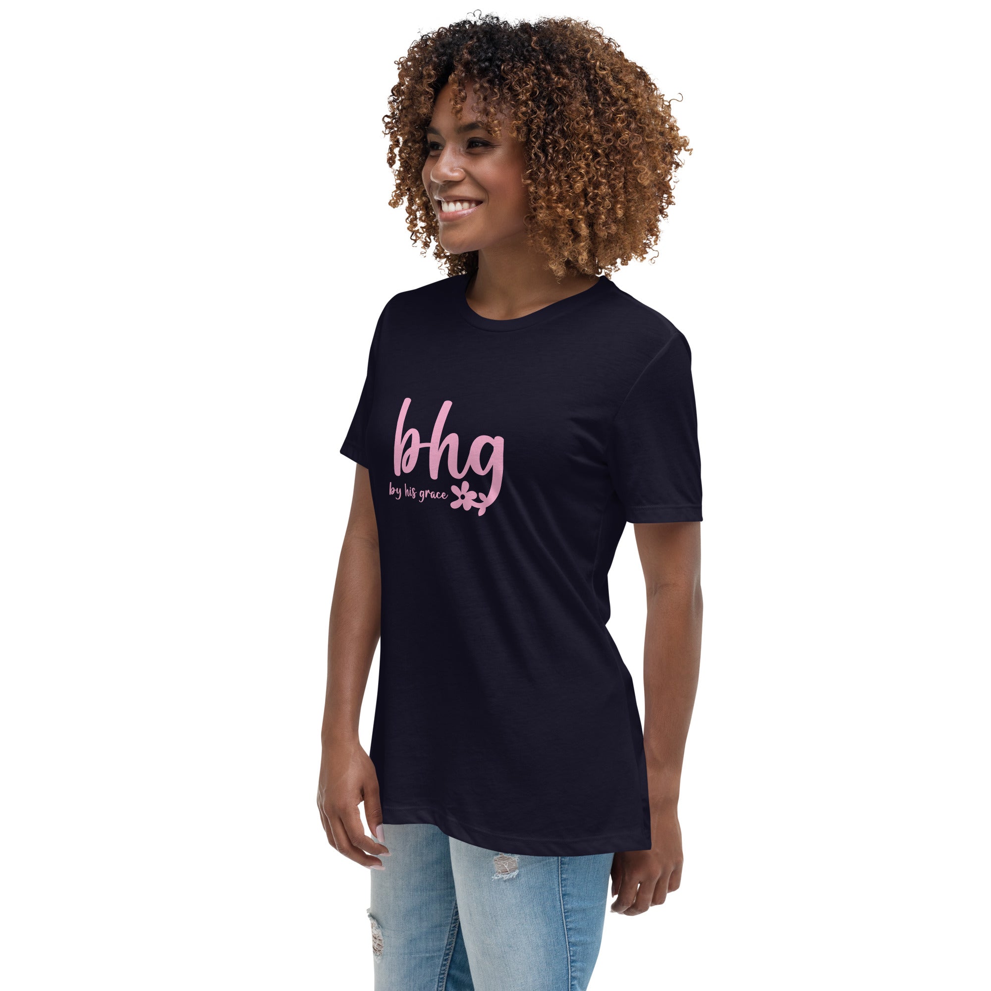 Image of By His Grace Jesus shirt women navy left front view — Entrusted to Him