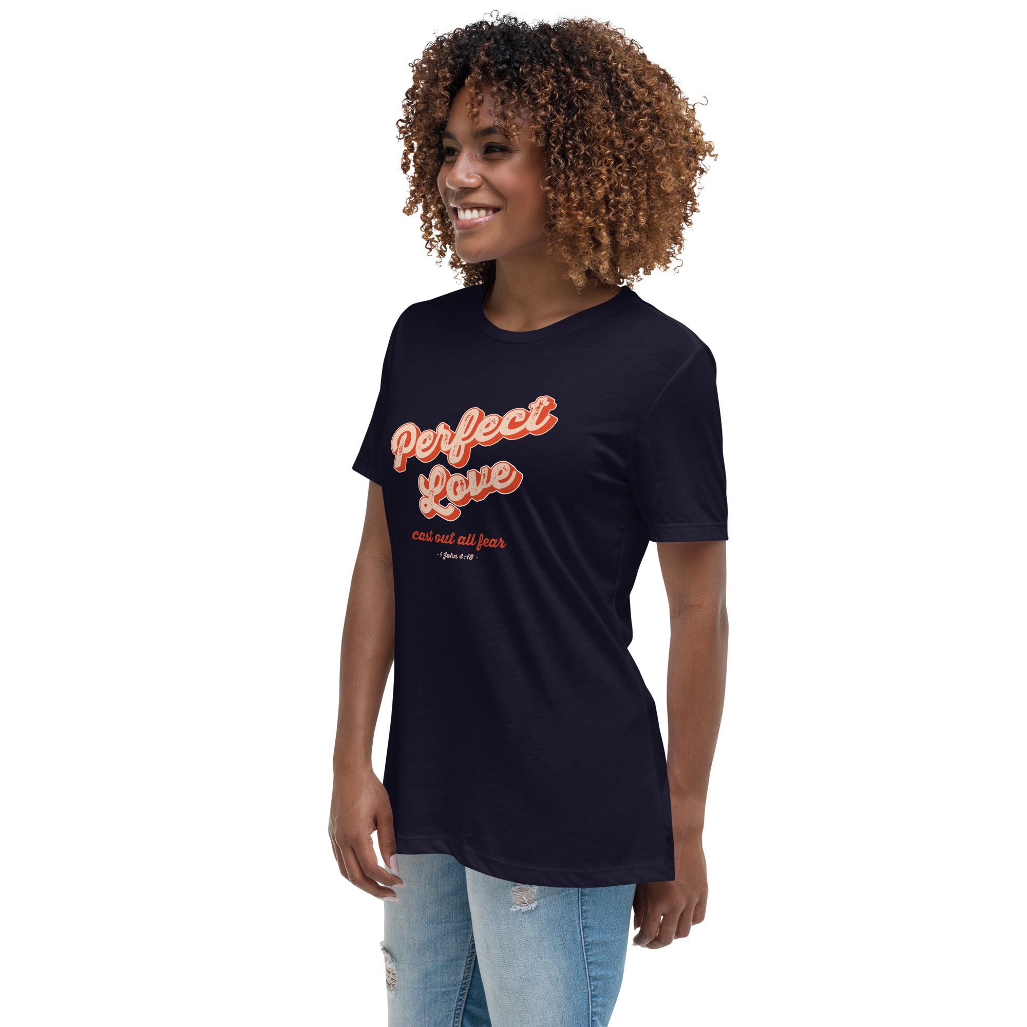 Image of Perfect Love Christian clothing for women navy left front alternate view — Entrusted to Him