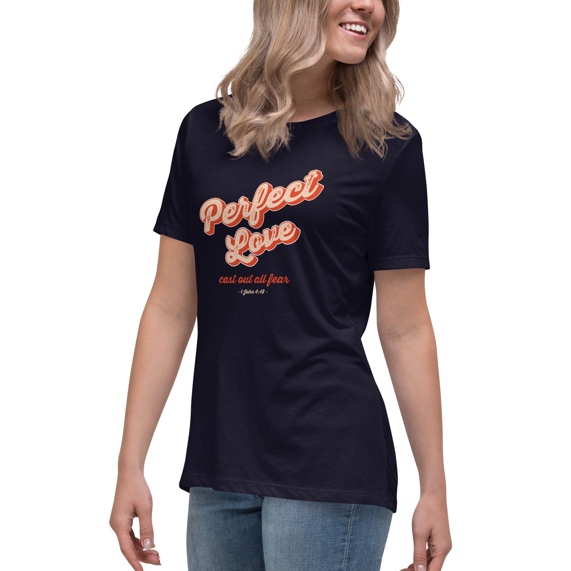 Image of Perfect Love women's Christian t-shirt navy left front detail view — Entrusted to Him