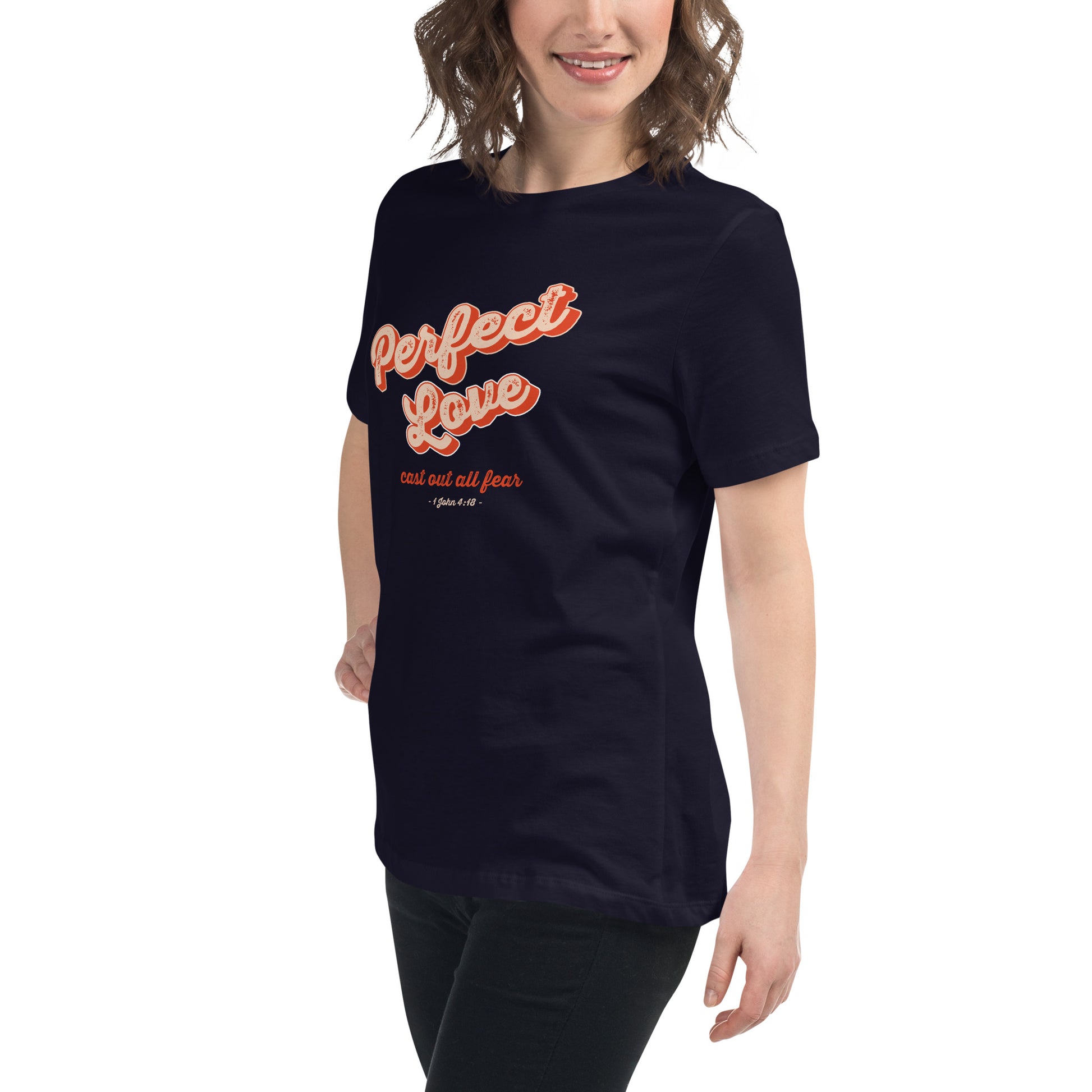 Perfect Love Jesus shirt women navy left front view — Entrusted to Him