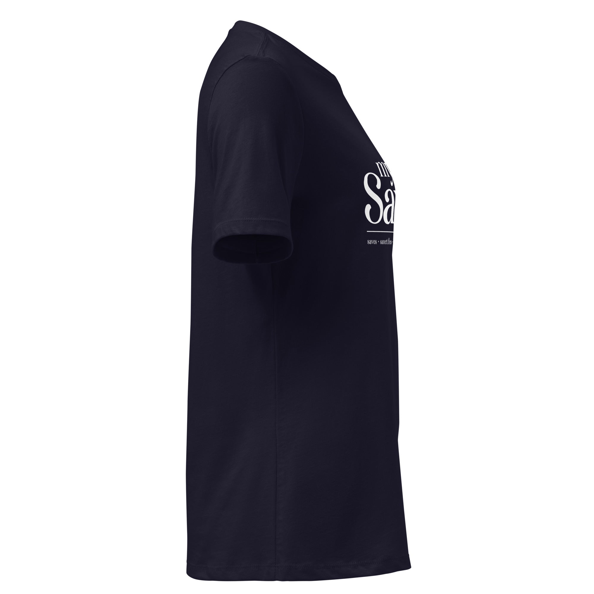 Image of My Savior Christian graphic tee women navy right side view — Entrusted to Him