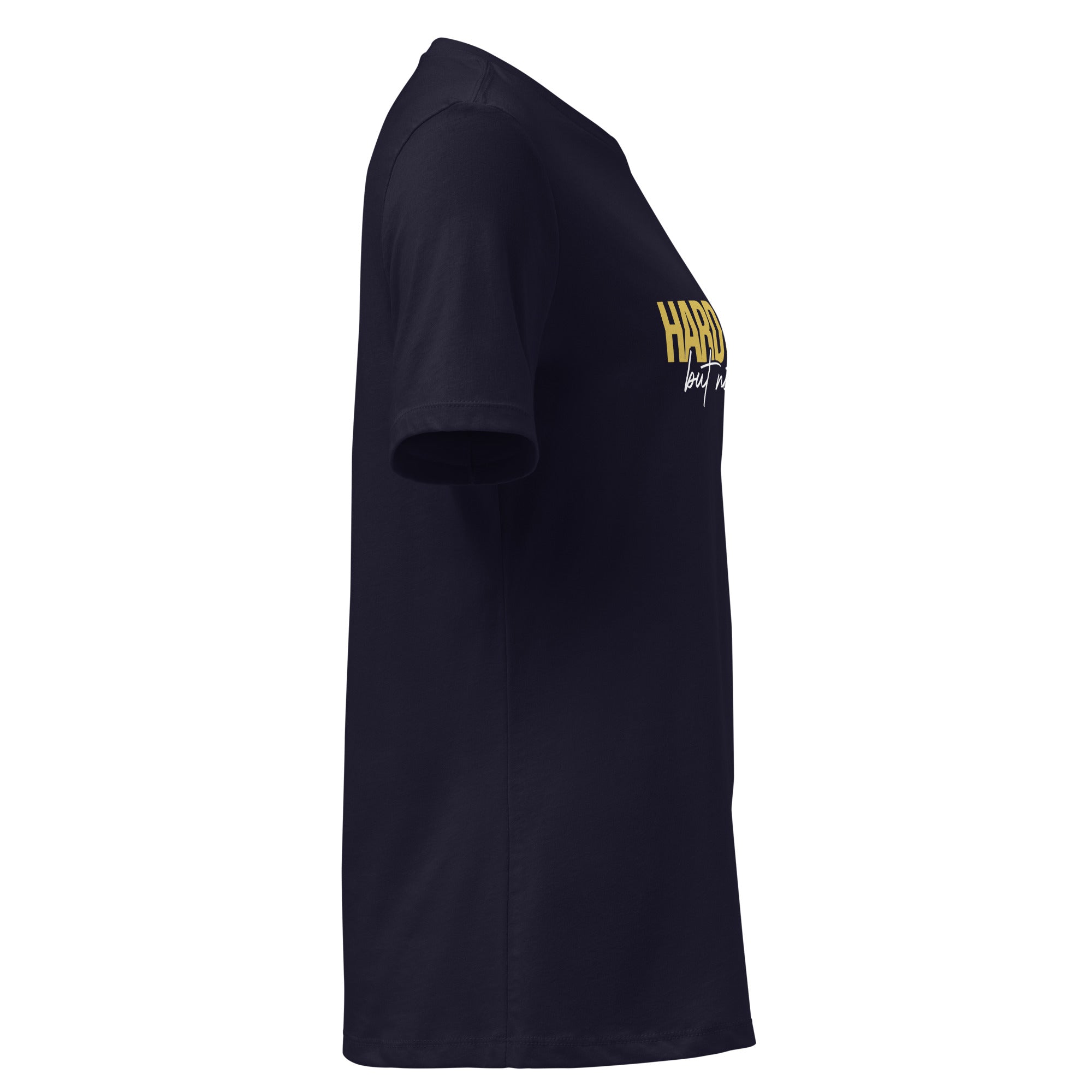 Image of Hard Pressed Christian graphic tee women navy right side view — Entrusted to Him