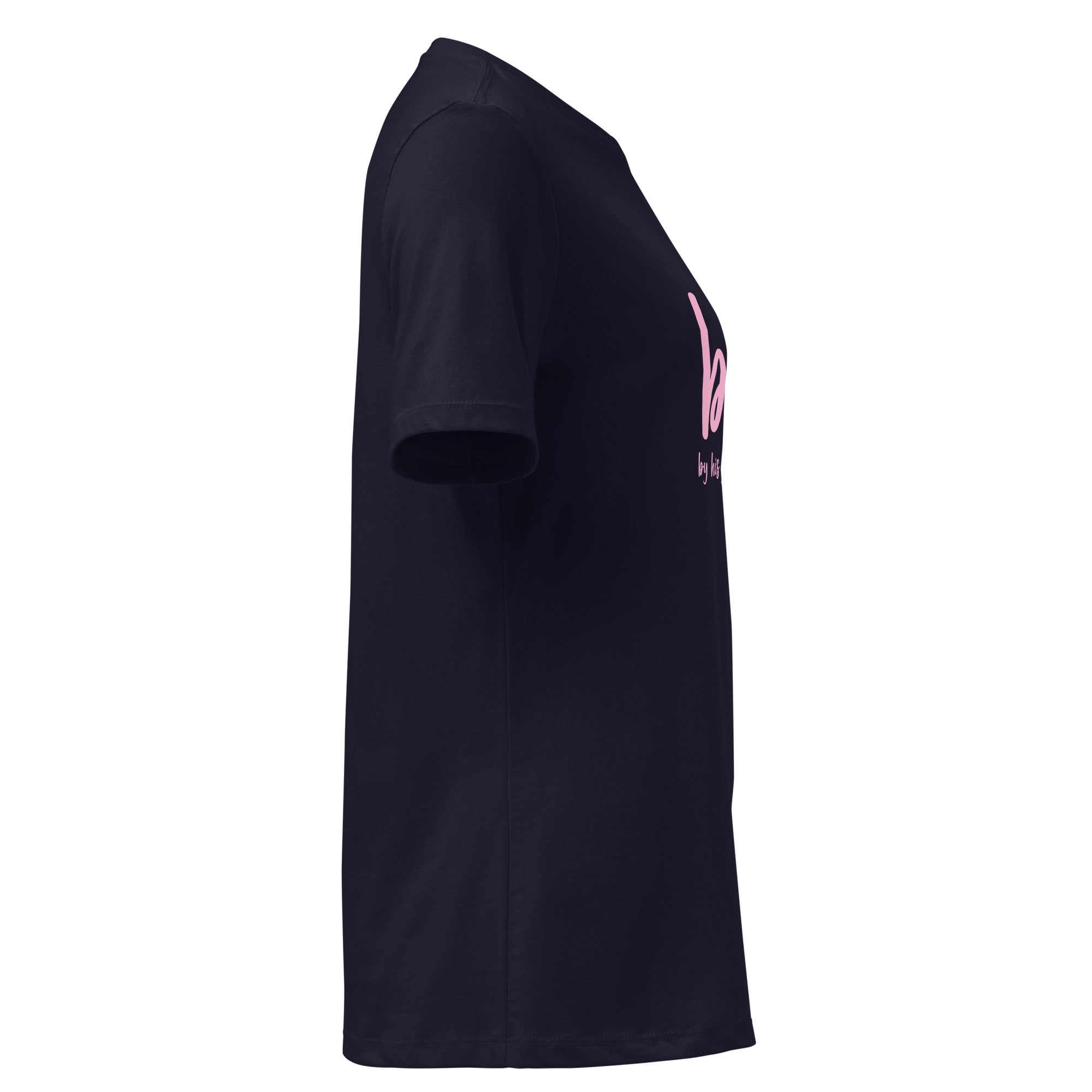 Image of By His Grace Christian graphic tee women navy right side view — Entrusted to Him