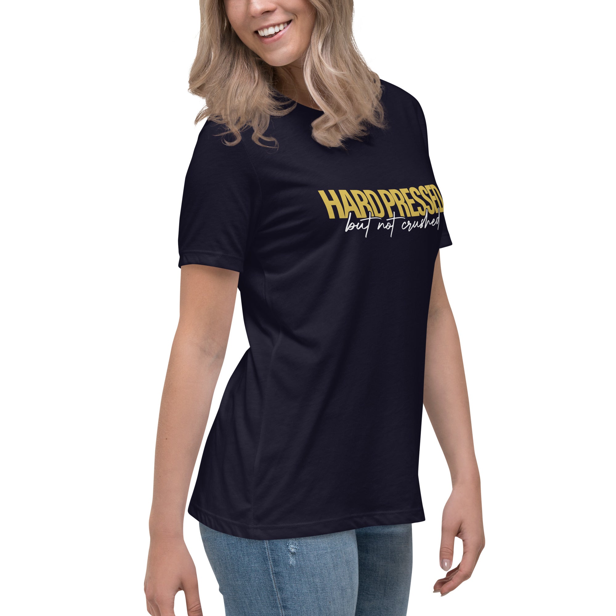 Image of Hard Pressed Jesus shirt women navy right front view — Entrusted to Him