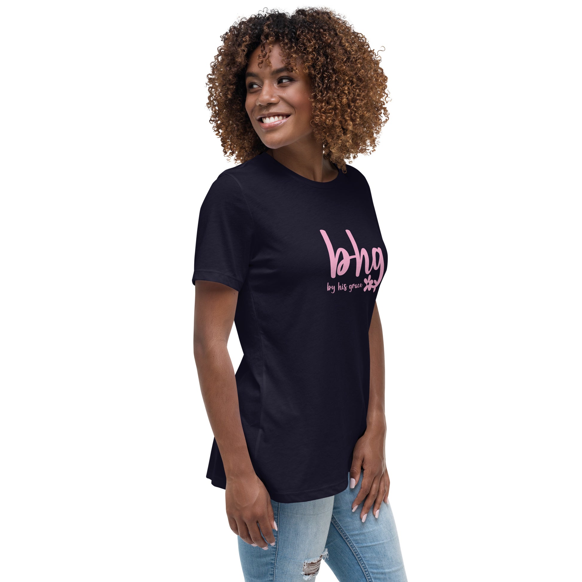 BHG Jesus shirt women navy right front view — Entrusted to Him